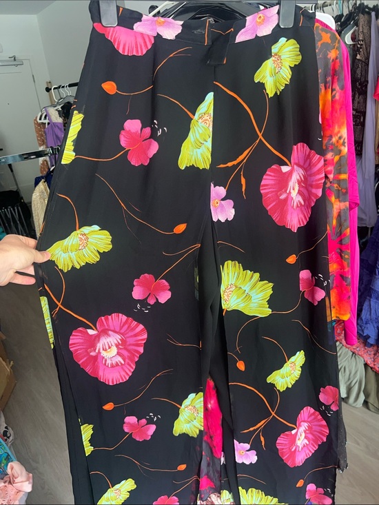 Cache Pants - 90s Cache Floral Wide-Leg Pants with Neon Pink & Lime Flowers